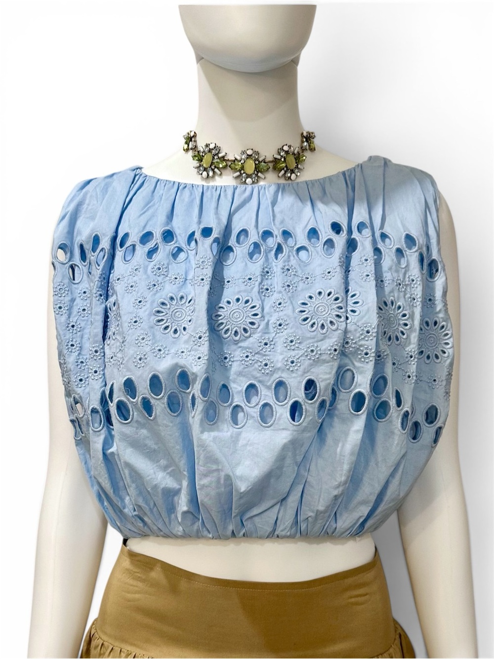Lalavon Light Blue Eyelet Cotton Balloon Crop Top - Large